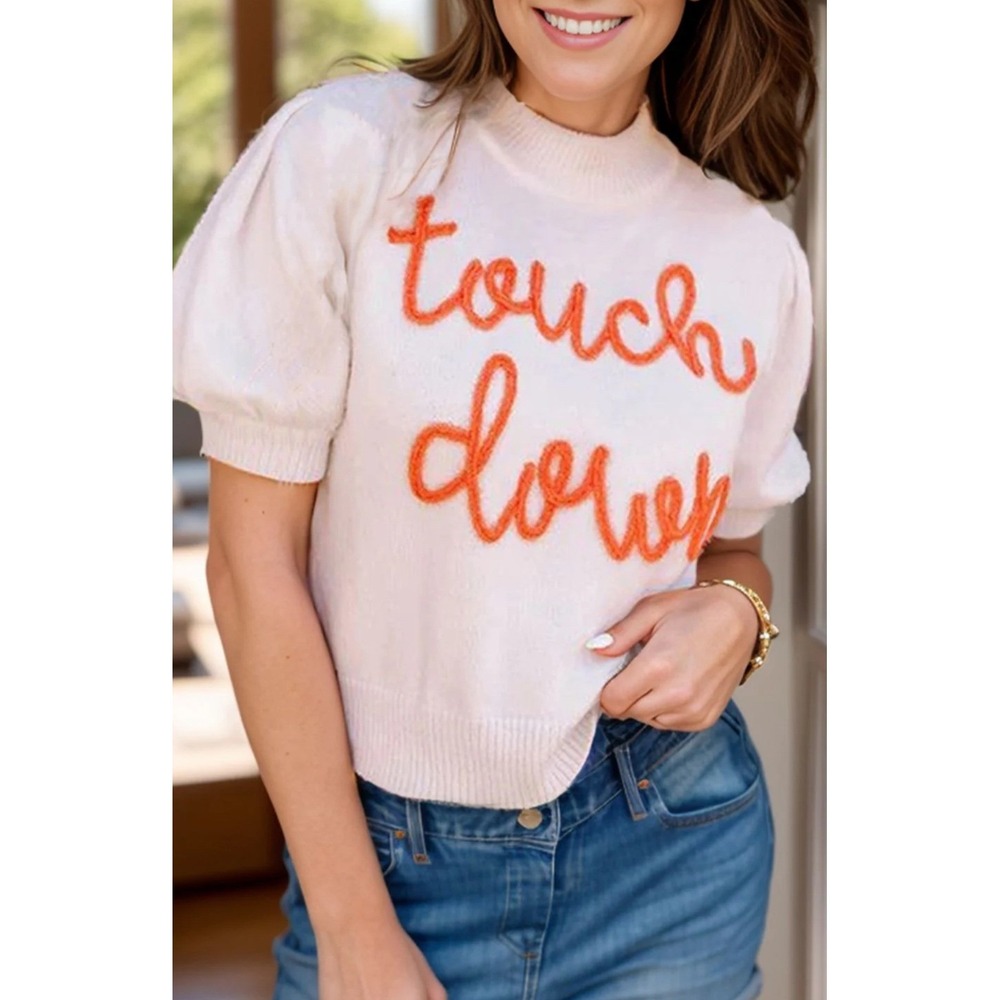 Peach Love California Touch Down‎ Short Sleeve Puff Sweater White Orange Large